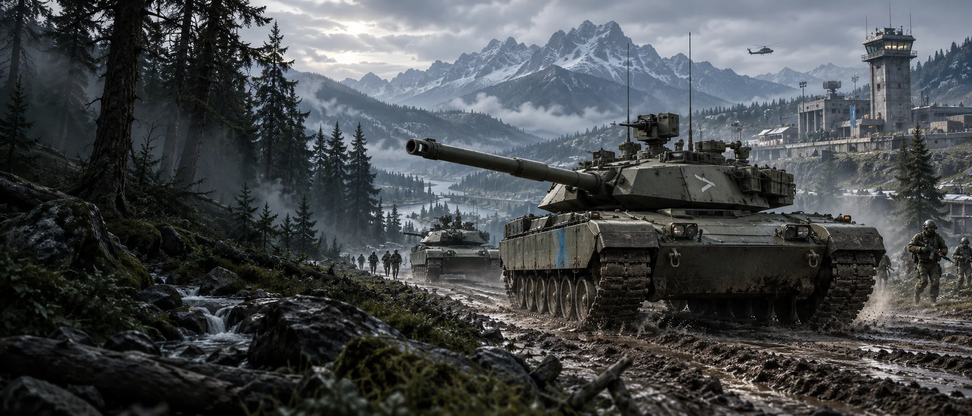 An armored column advancing through a misty mountain valley