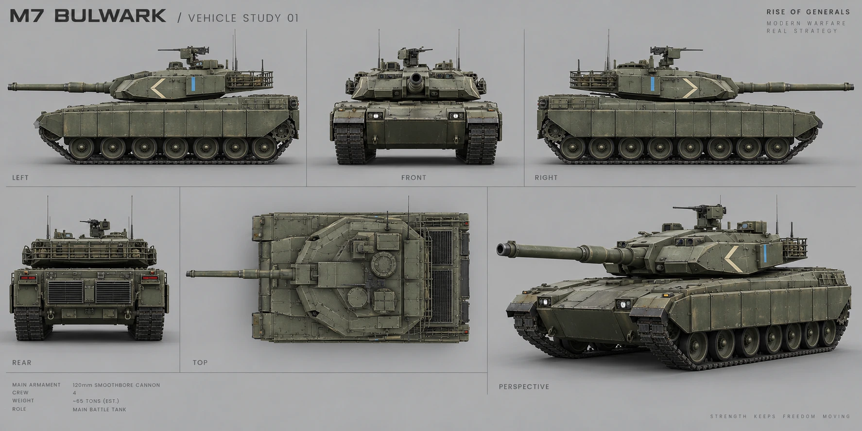 M7 Bulwark modeling reference: left, front, right, rear, top and perspective views